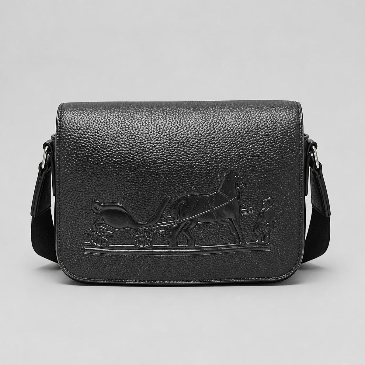 Men’s Black Pebbled Faux Leather Flap Crossbody Bag with Embossed Horse & Carriage Design