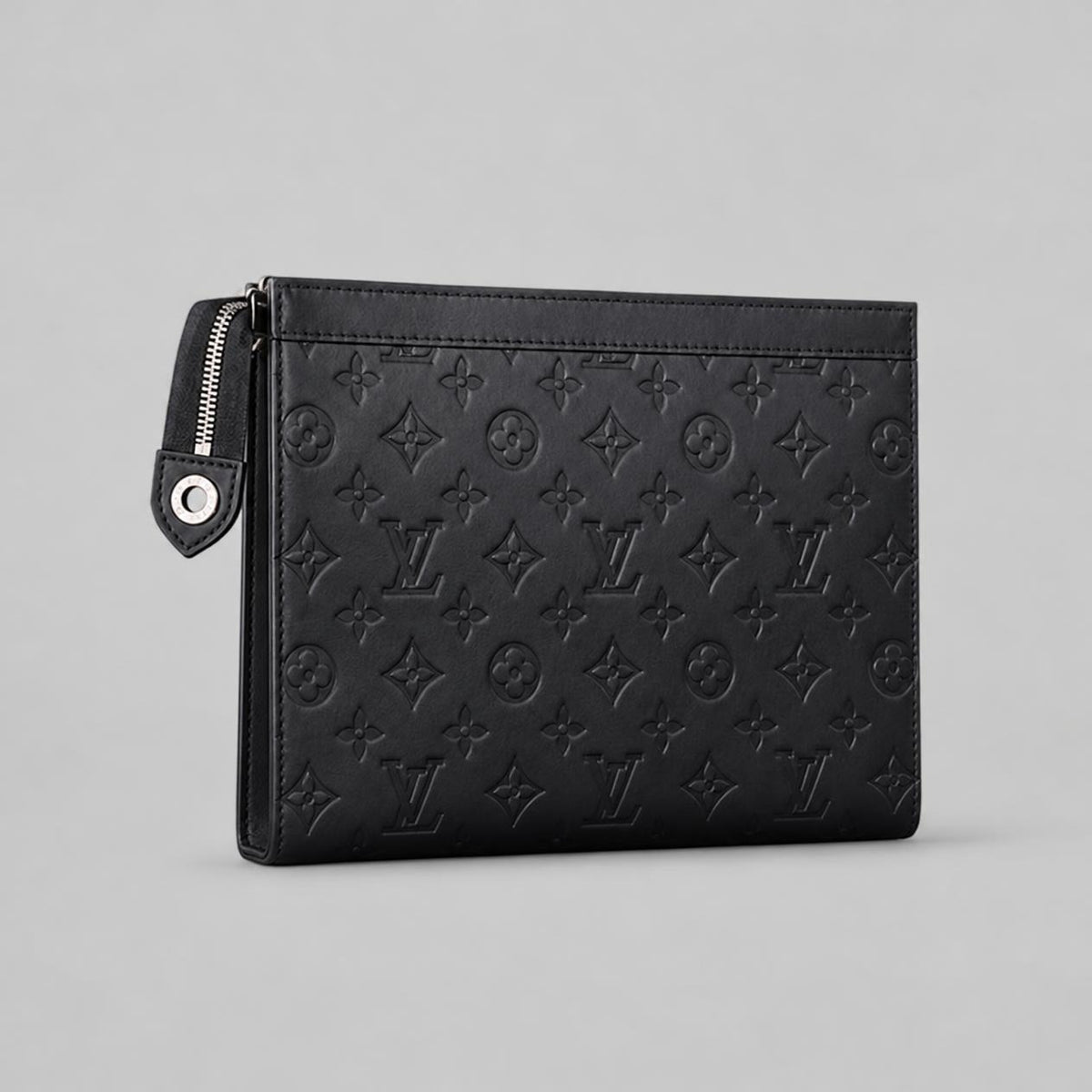 Men’s Black Embossed Monogram Leather-Look Zip Clutch Pouch with Silver Hardware