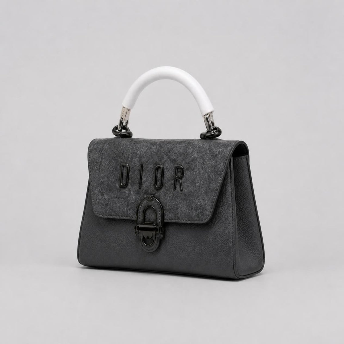 Charcoal Grey Top Handle Flap Bag - White Handle & Gunmetal Hardware