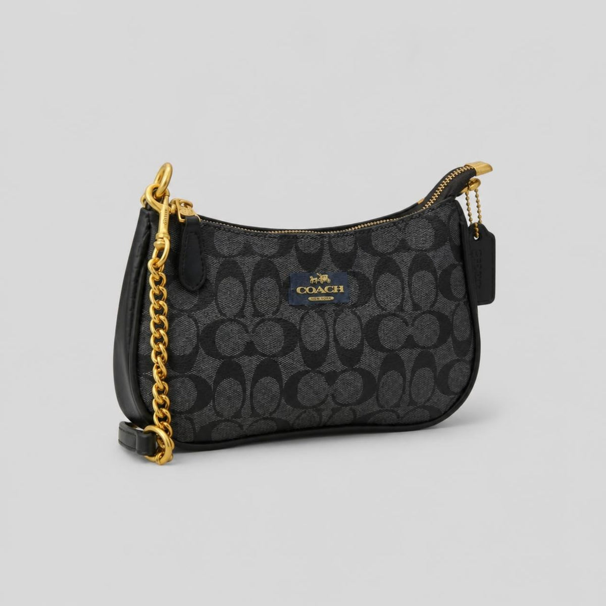 Black and Charcoal Printed Mini Shoulder Bag with Gold Chain Strap