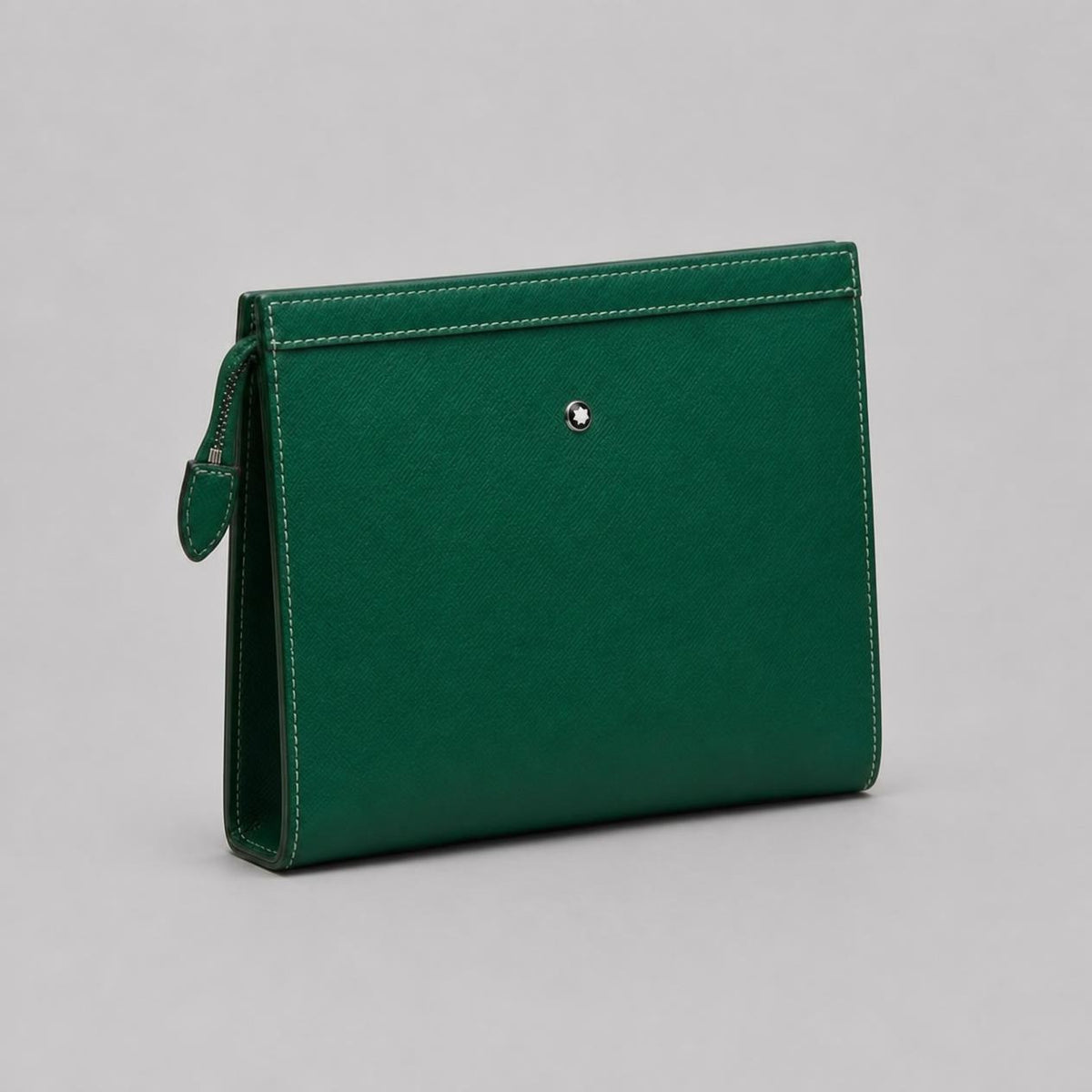 Forest Green Textured Leather-Look Zip Pouch Clutch with Contrast Stitching