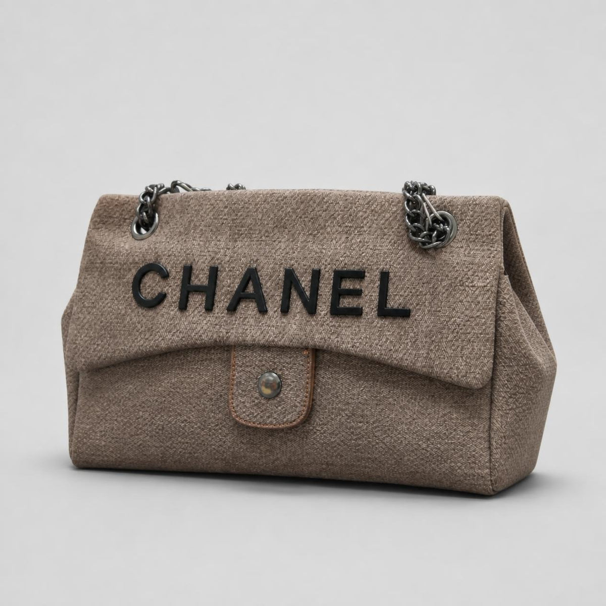 Taupe Textured Canvas Shoulder Bag with Gunmetal Chain Strap