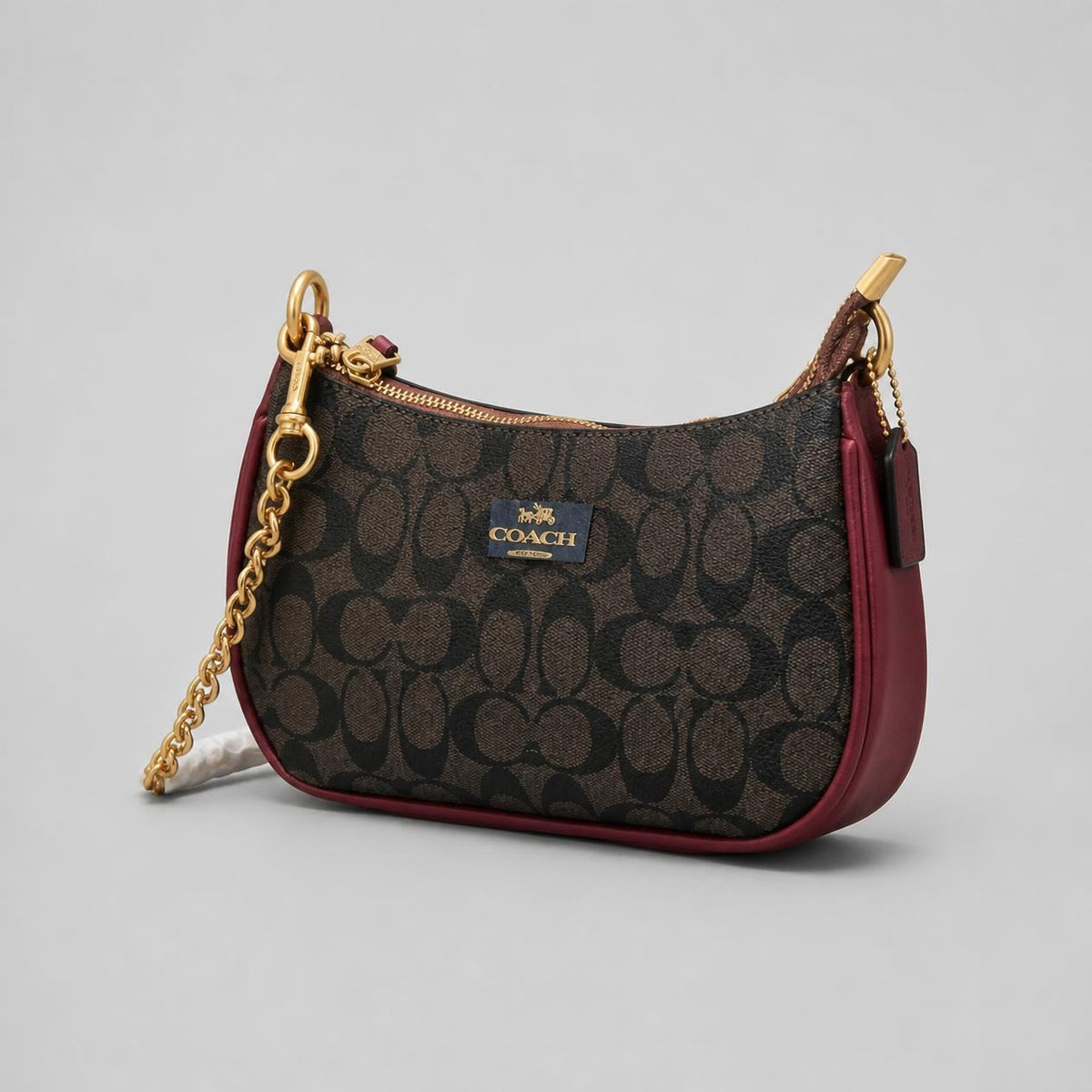 Brown Monogram-Print Shoulder Bag with Burgundy Trim and Gold Chain Strap