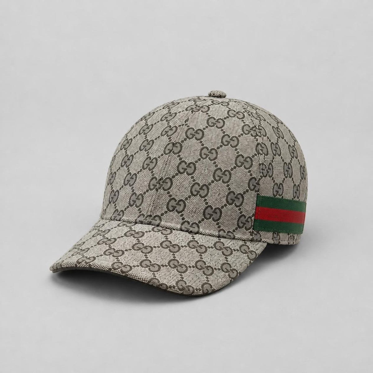 Beige Monogram-Print Baseball Cap with Green and Red Side Stripe