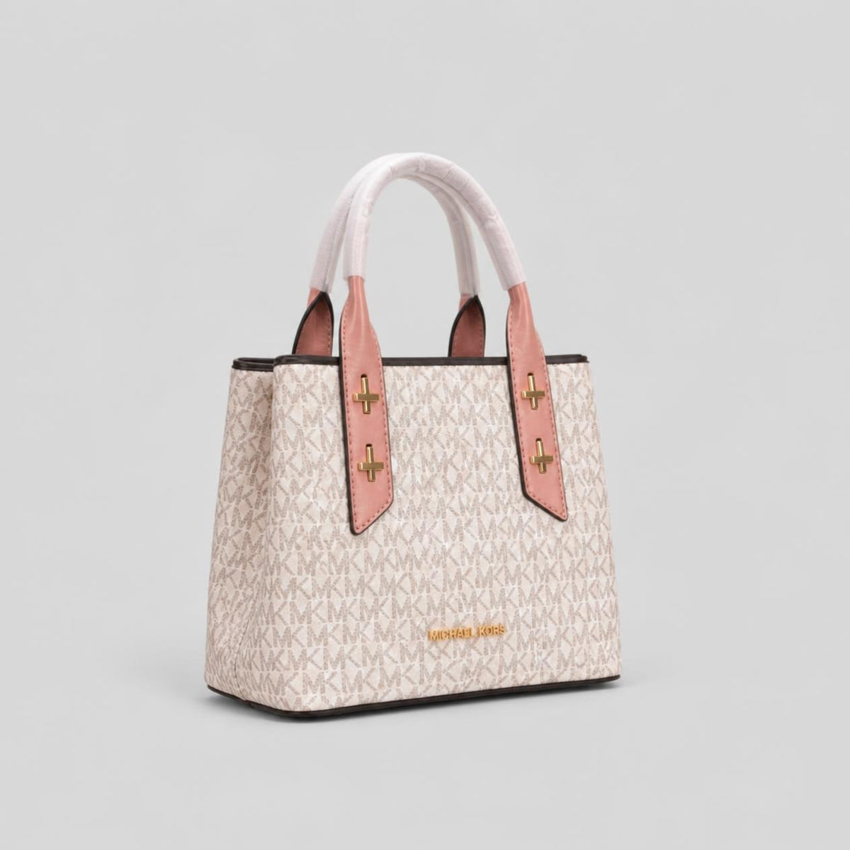Cream MK Monogram Satchel with Pink Handle Accents