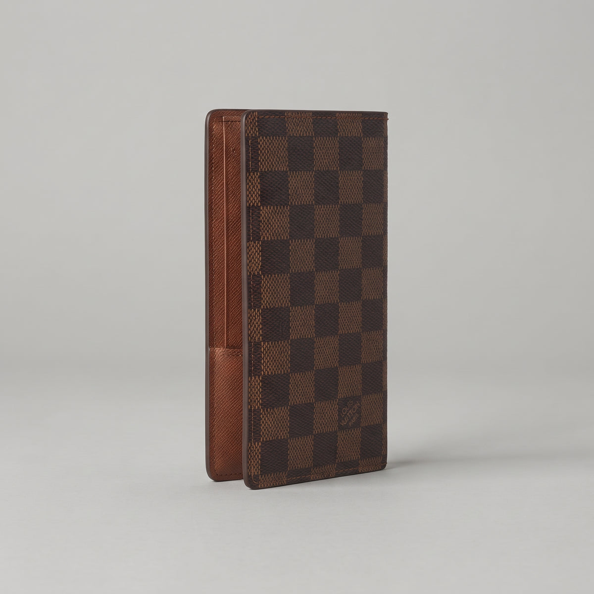 Men’s Long Bifold Wallet - Brown Checkered Pattern, Slim Vertical Design
