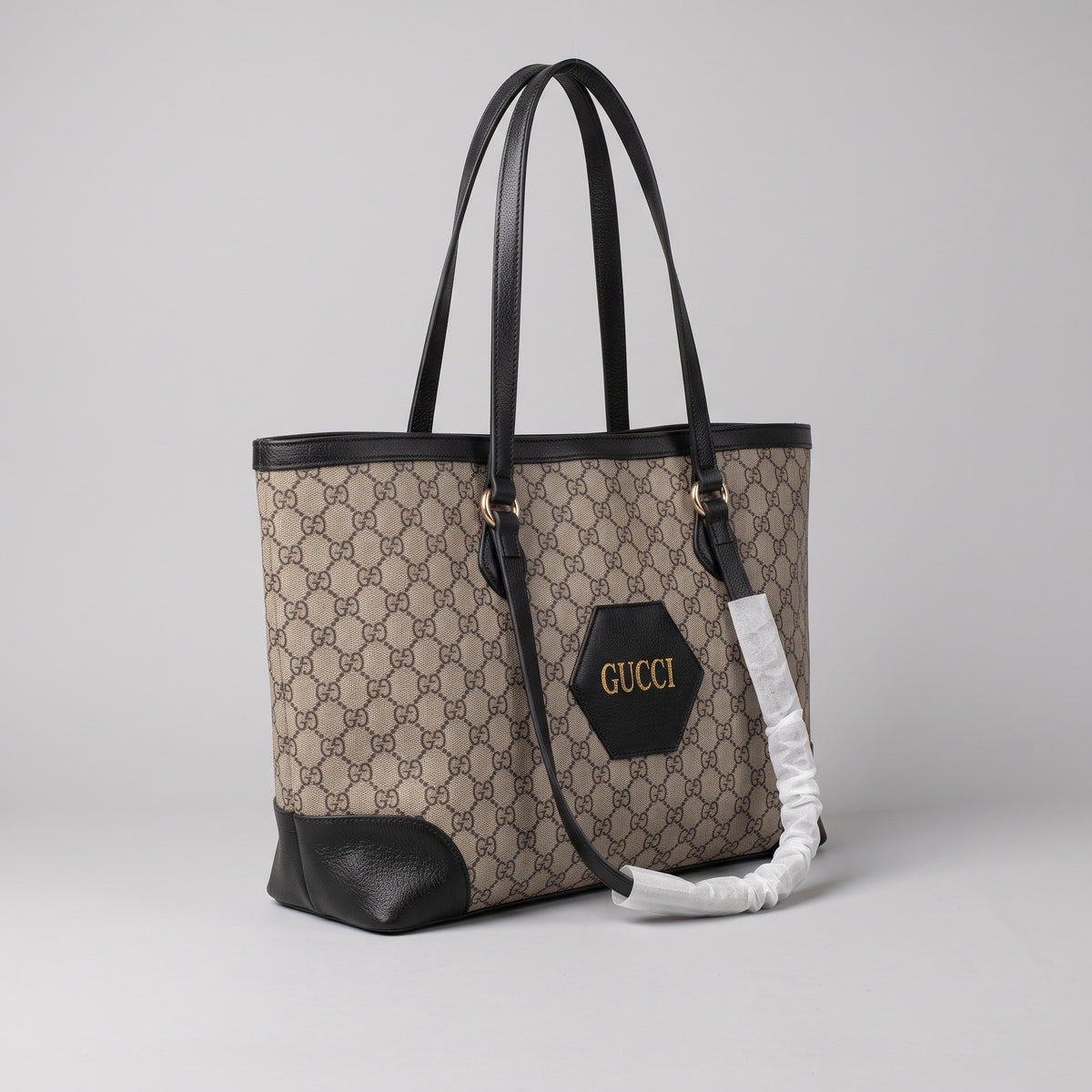 Women’s Beige & Brown Monogram Canvas Tote Bag with Black Leather-Look Trim and Long Shoulder Handles