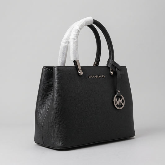 Womenβs Black Pebbled Faux Leather Satchel Handbag with Gunmetal Hardware and Hanging Charm