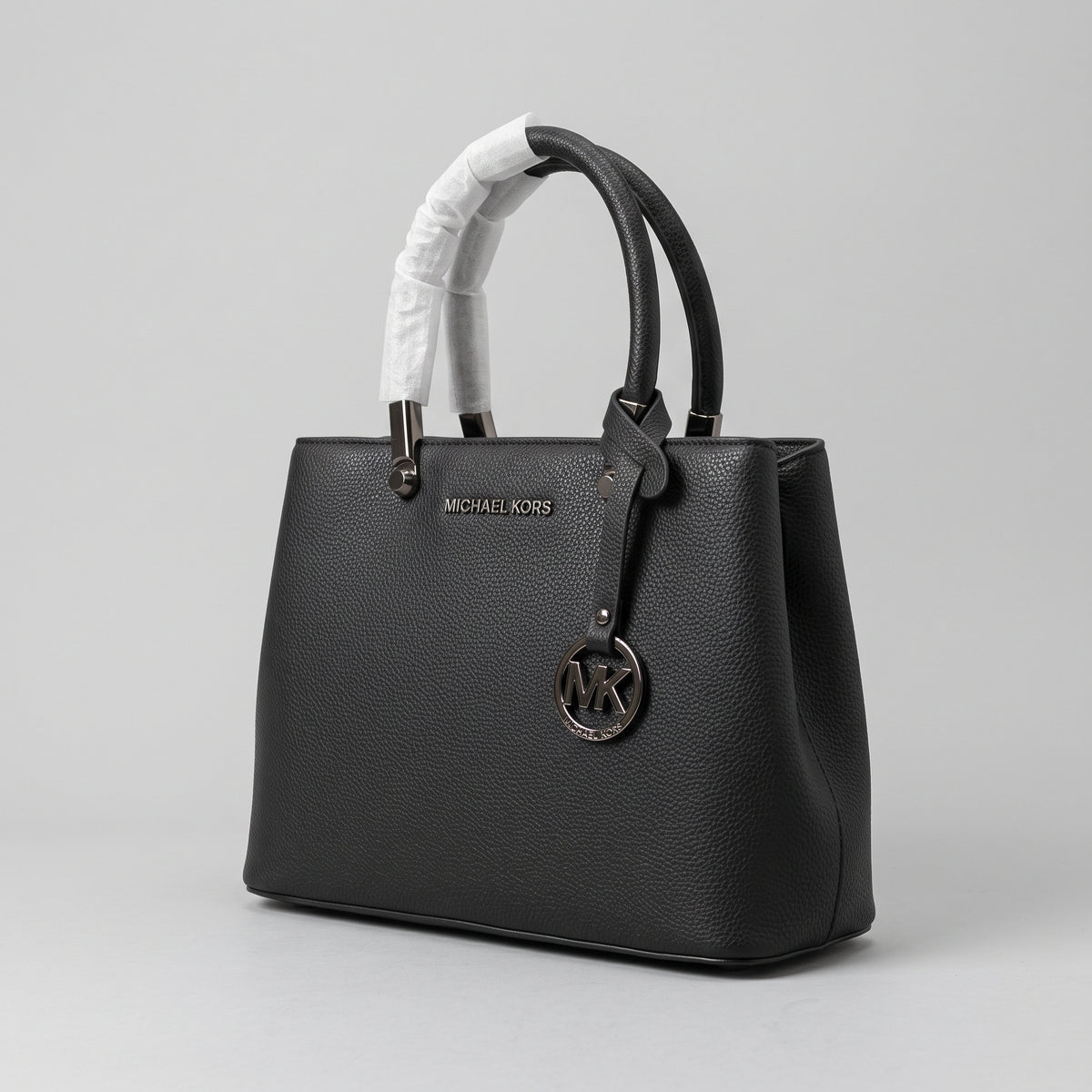 Women’s Black Pebbled Faux Leather Satchel Handbag with Gunmetal Hardware and Hanging Charm