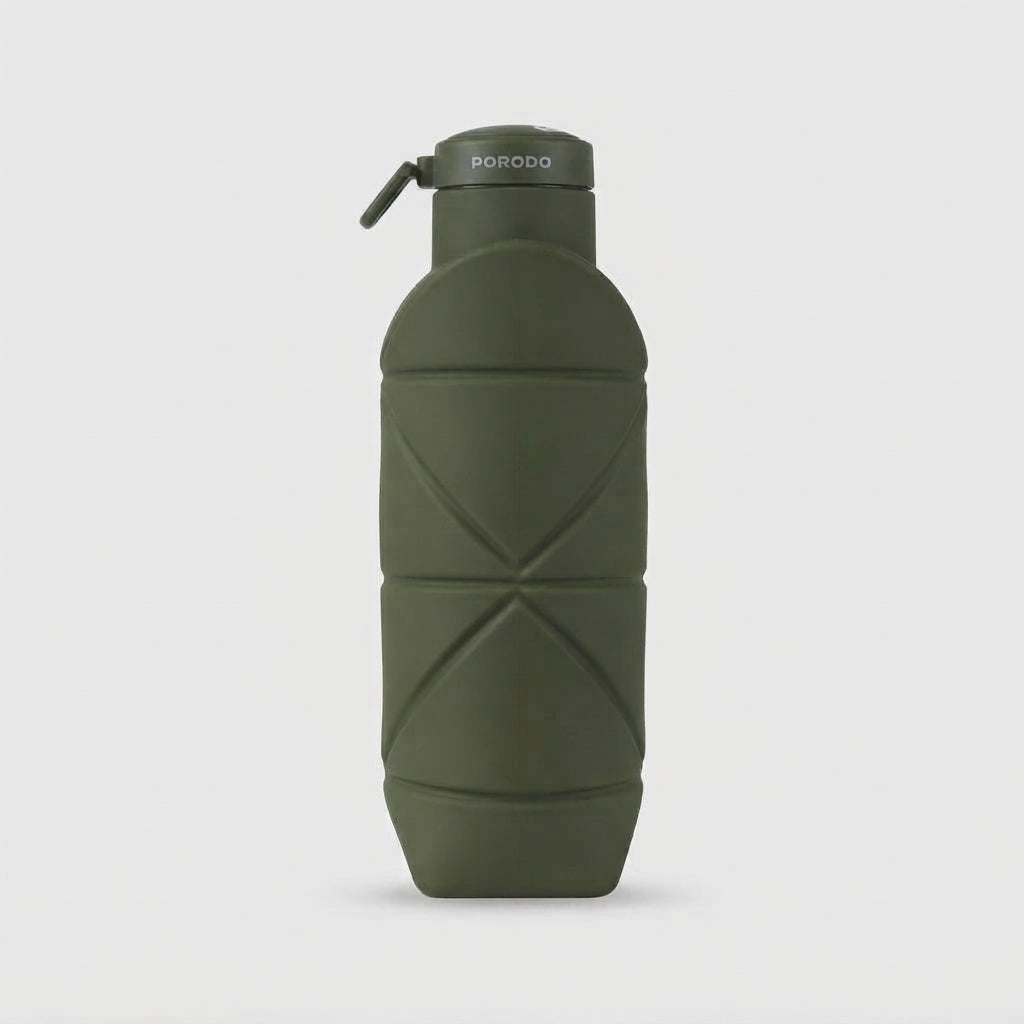 Olive Green Foldable Silicone Water Bottle - Collapsible Travel Bottle with Carry Loop