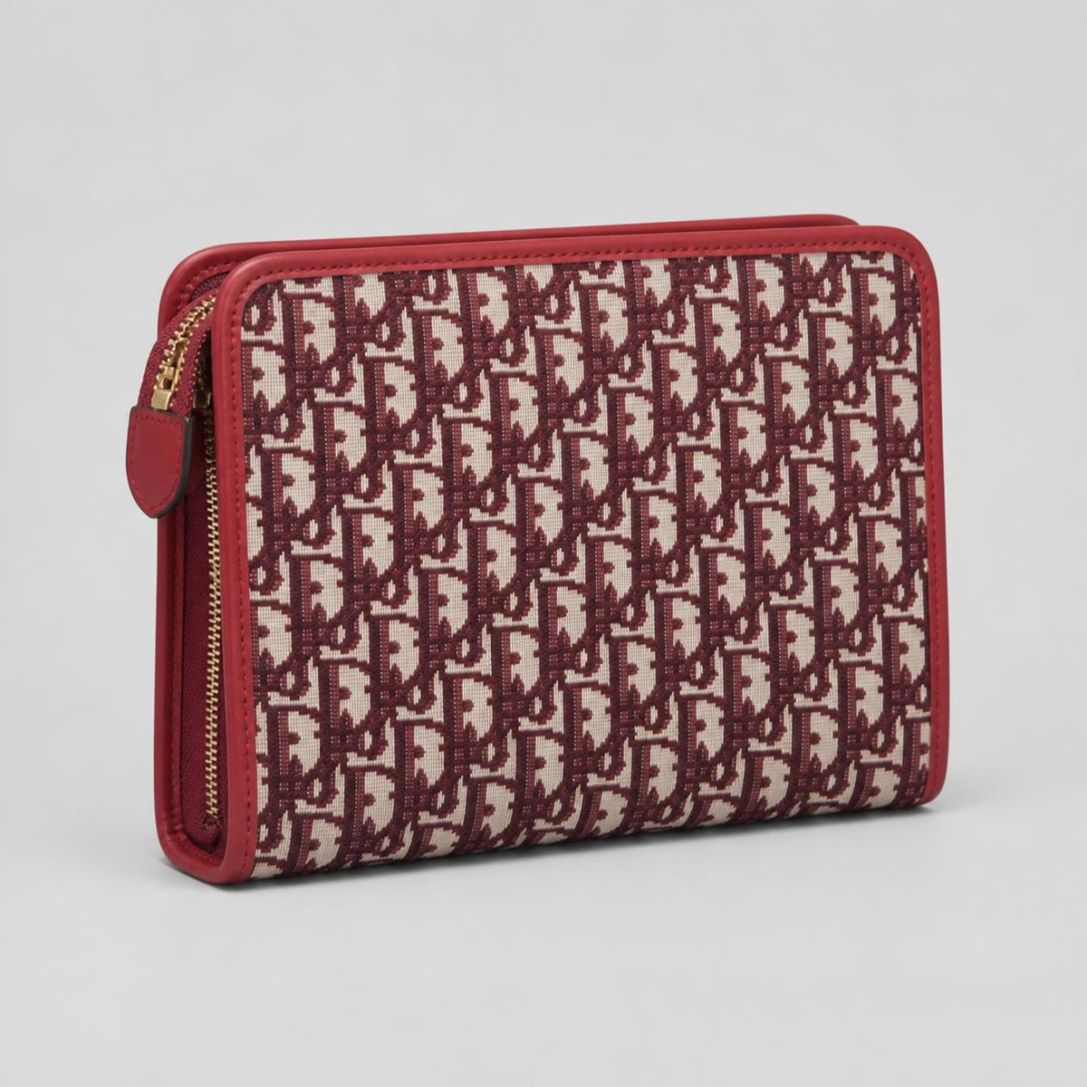 Burgundy Monogram Jacquard Zip Pouch with Red Leather Trim and Gold Oval Emblem