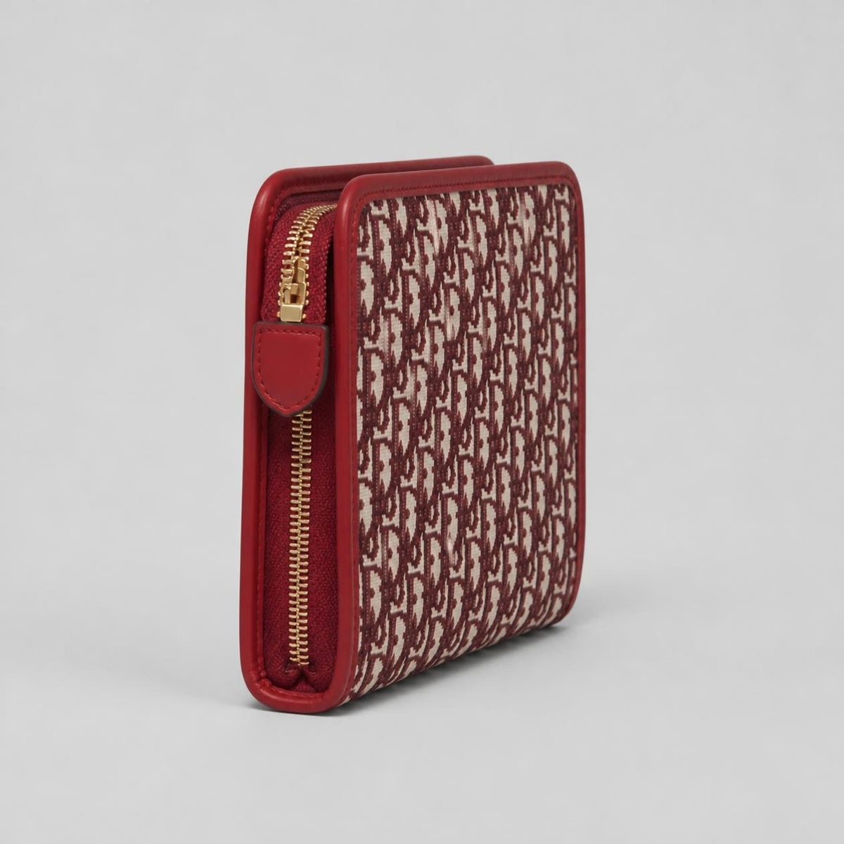 Burgundy Monogram Jacquard Zip Pouch with Red Leather Trim and Gold Oval Emblem