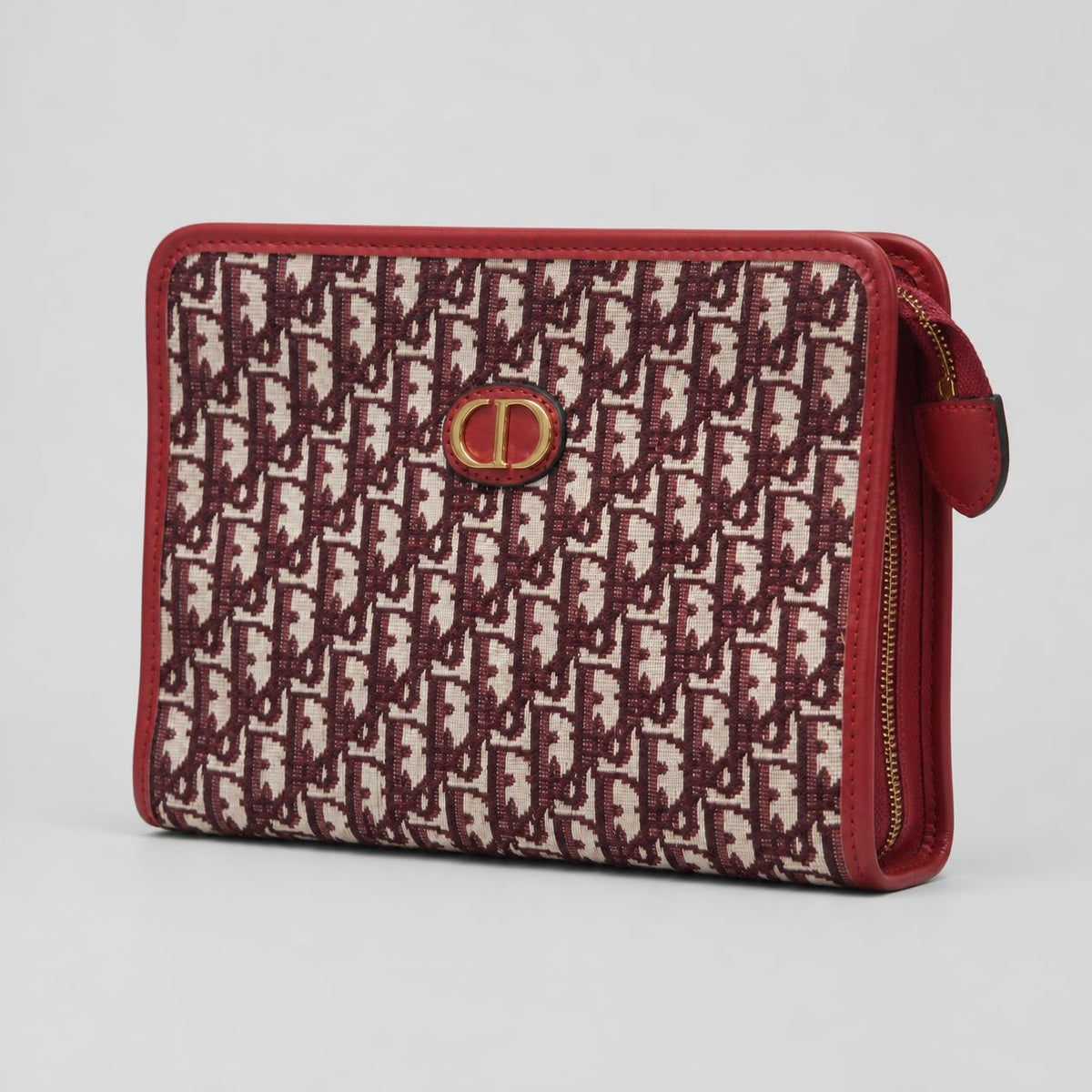 Burgundy Monogram Jacquard Zip Pouch with Red Leather Trim and Gold Oval Emblem
