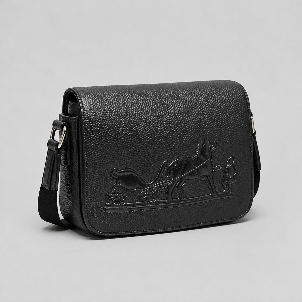 Men’s Black Pebbled Faux Leather Flap Crossbody Bag with Embossed Horse & Carriage Design