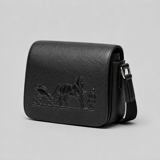 Men’s Black Pebbled Faux Leather Flap Crossbody Bag with Embossed Horse & Carriage Design