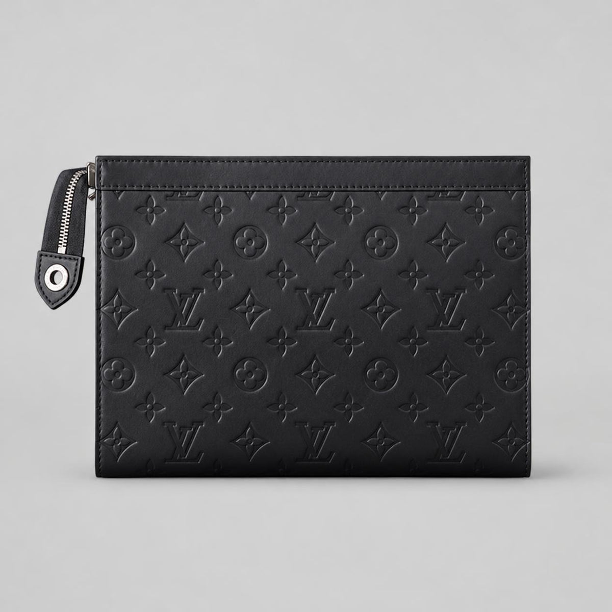 Men’s Black Embossed Monogram Leather-Look Zip Clutch Pouch with Silver Hardware