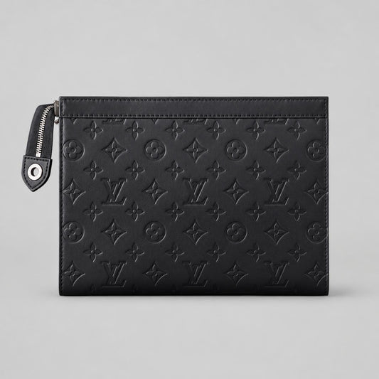 Men’s Black Embossed Monogram Leather-Look Zip Clutch Pouch with Silver Hardware