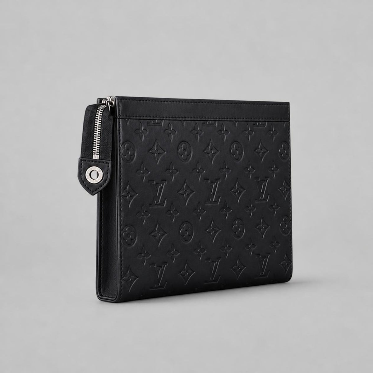 Men’s Black Embossed Monogram Leather-Look Zip Clutch Pouch with Silver Hardware