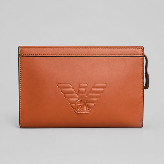 Men’s Tan Brown Faux Leather Zip Clutch Pouch with Embossed Eagle Emblem