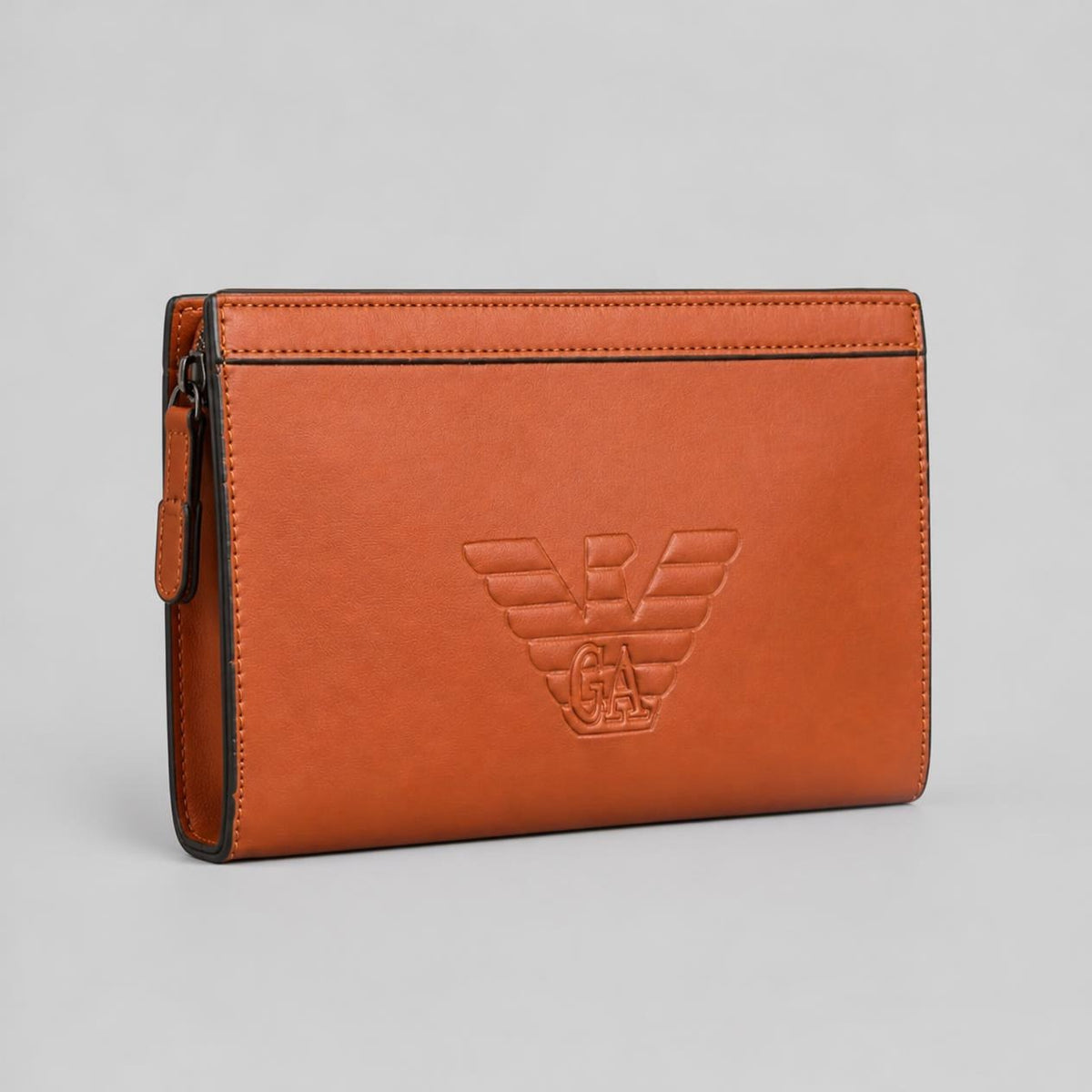 Men’s Tan Brown Faux Leather Zip Clutch Pouch with Embossed Eagle Emblem