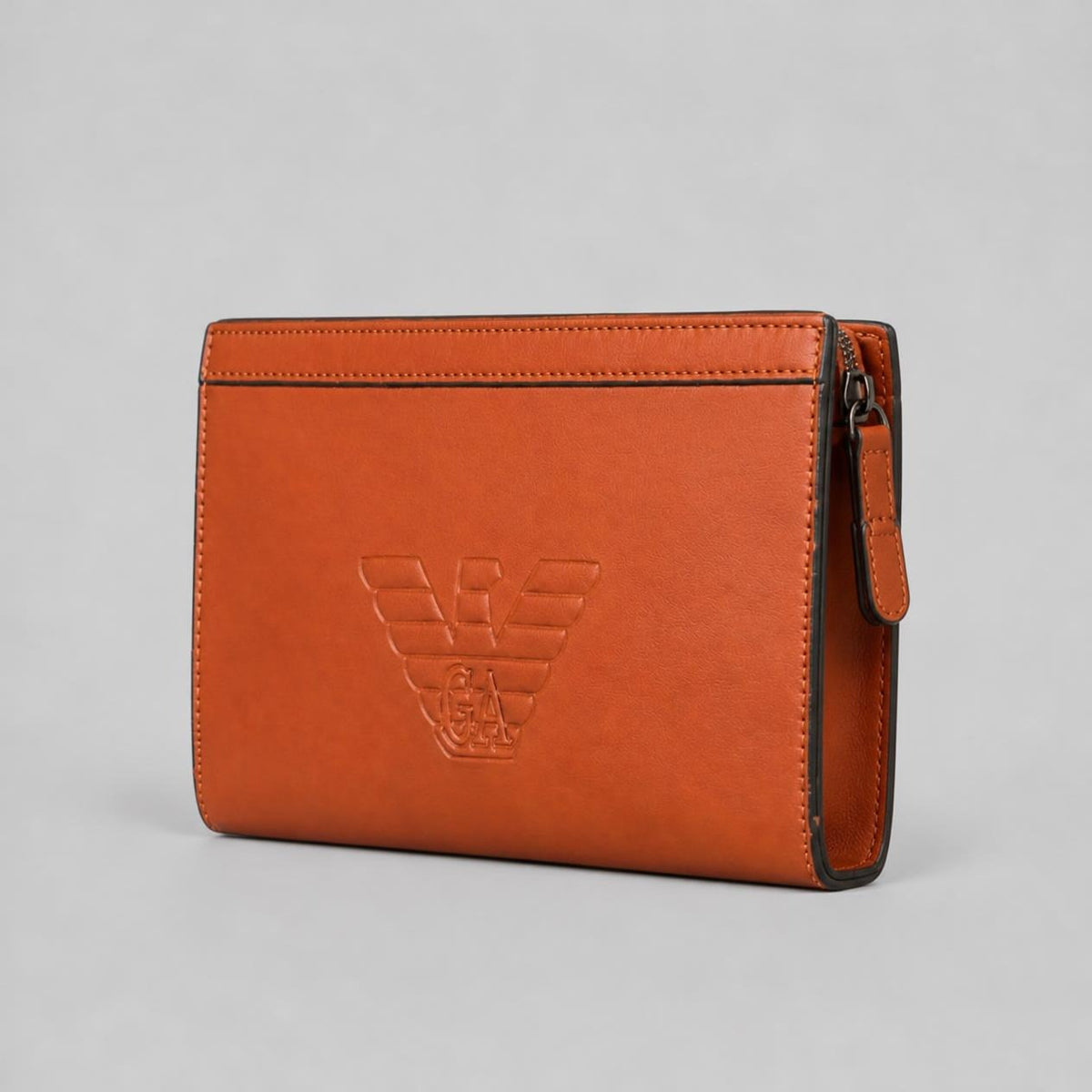 Men’s Tan Brown Faux Leather Zip Clutch Pouch with Embossed Eagle Emblem