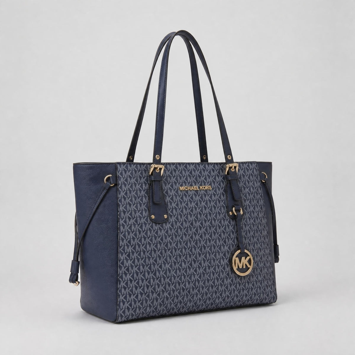 Women’s Navy Blue Monogram Tote Bag with Gold Hardware and Hanging Charm