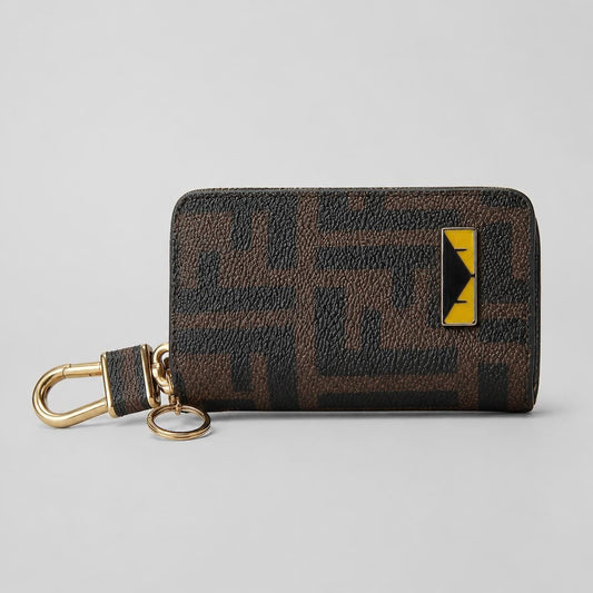 Zip-Around Mini Wallet with Clip Hook & Key Ring – Brown Monogram Print