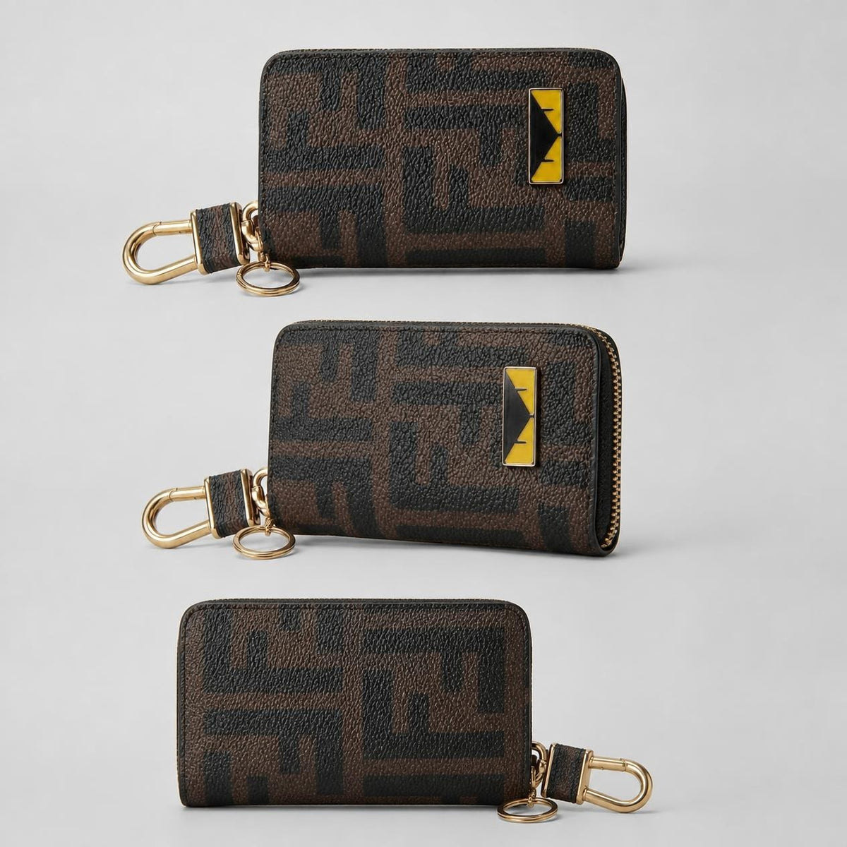 Zip-Around Mini Wallet with Clip Hook & Key Ring – Brown Monogram Print