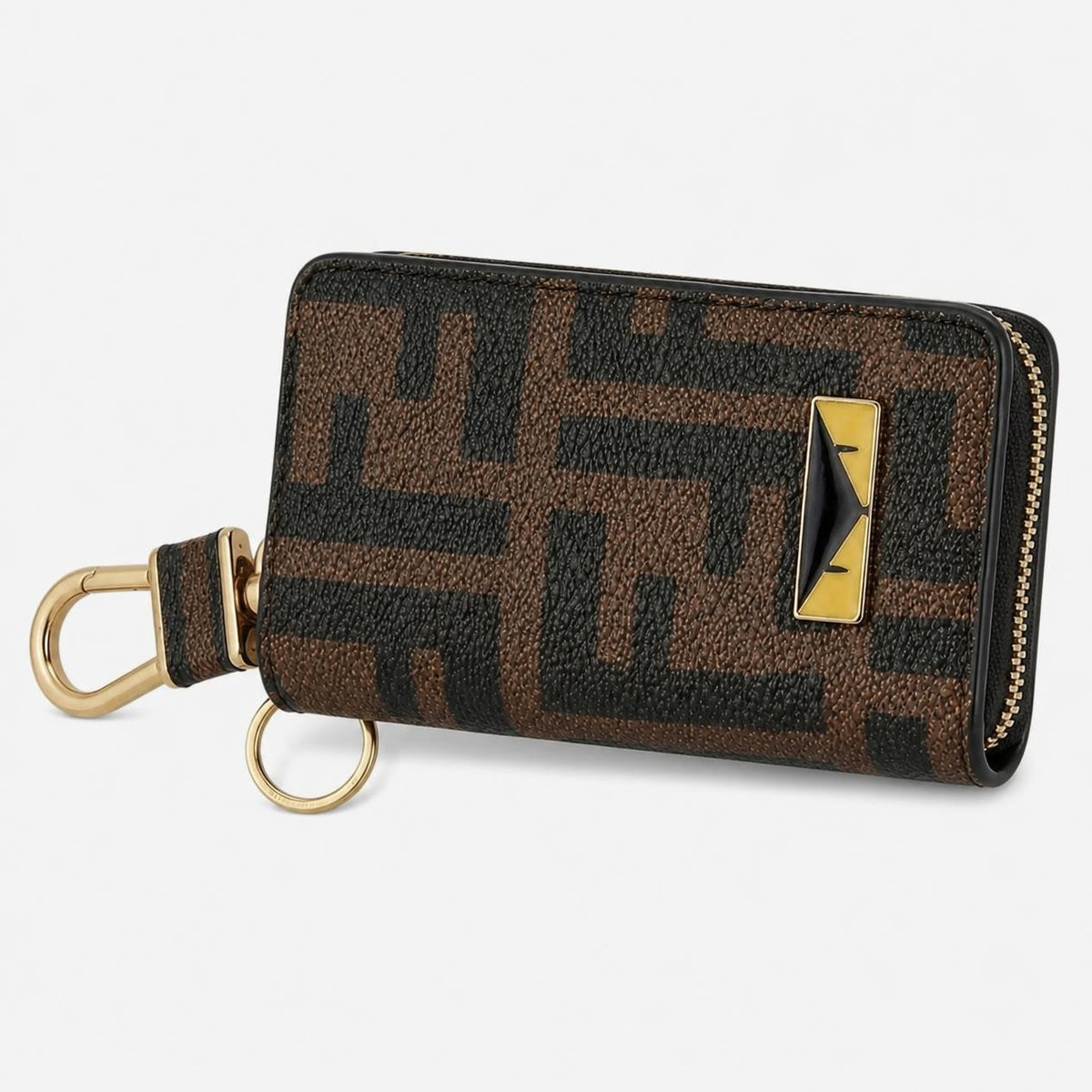 Zip-Around Mini Wallet with Clip Hook & Key Ring – Brown Monogram Print