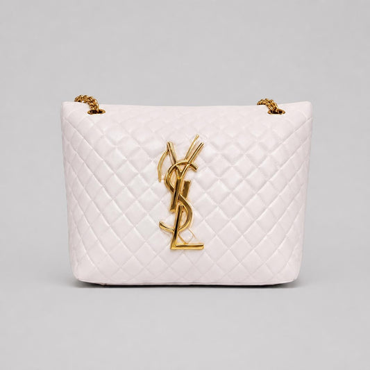 White Quilted Chain Shoulder Bag - Gold-Tone Hardware