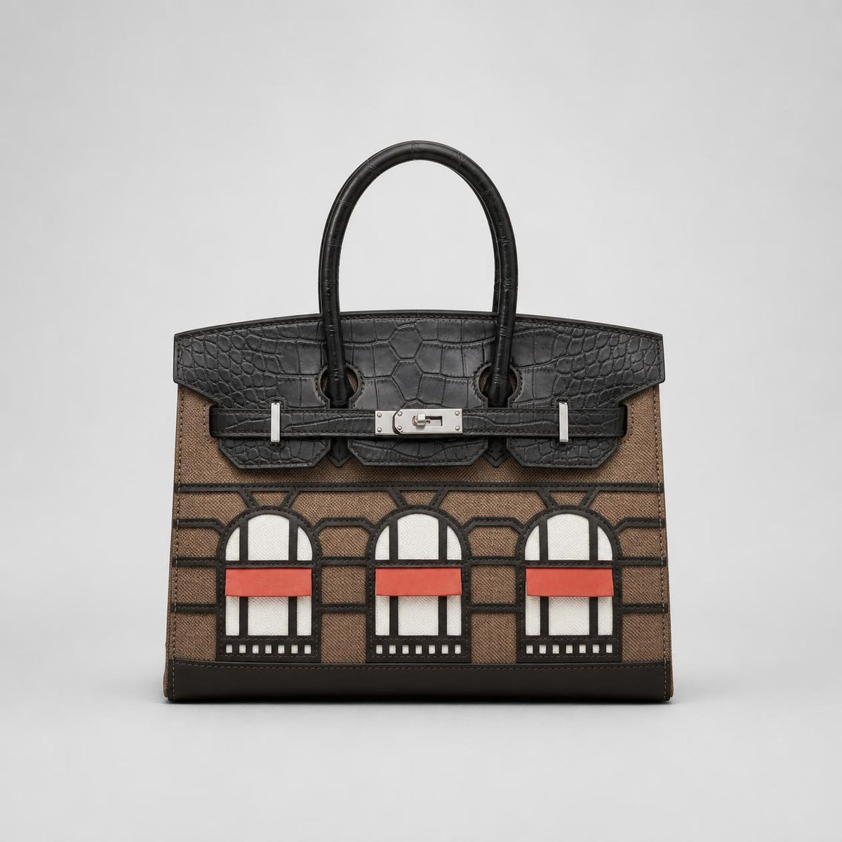 Luxury Brown & Black Structured Window Detail Handbag