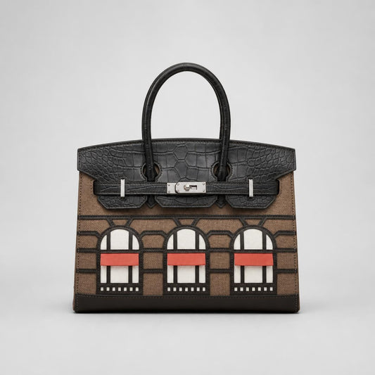 Luxury Brown & Black Structured Window Detail Handbag