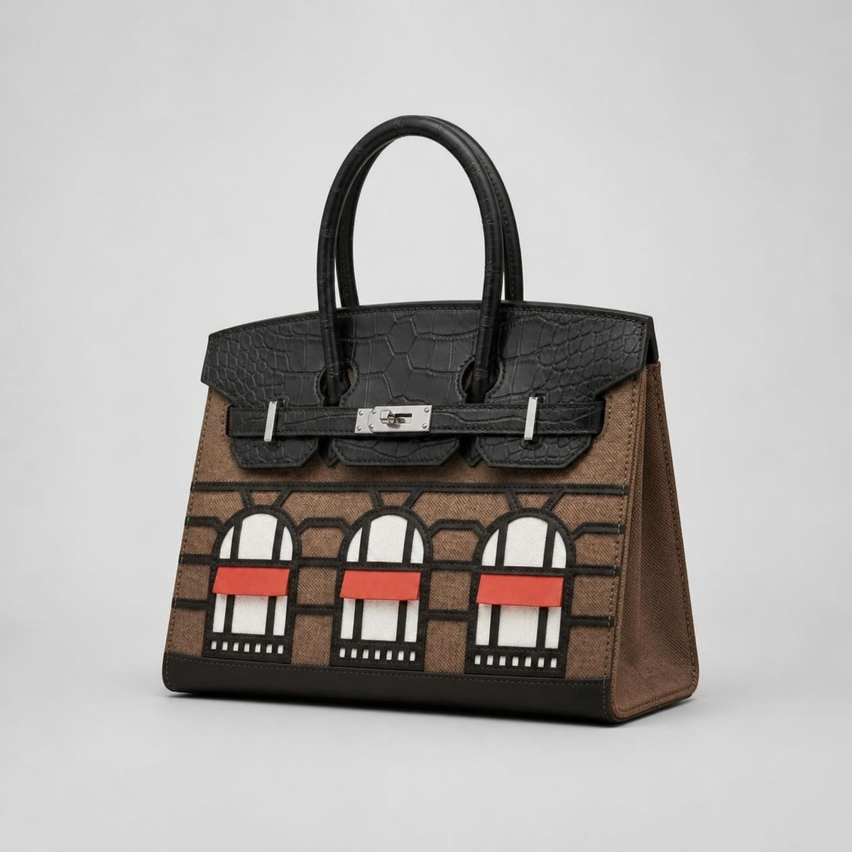 Luxury Brown & Black Structured Window Detail Handbag
