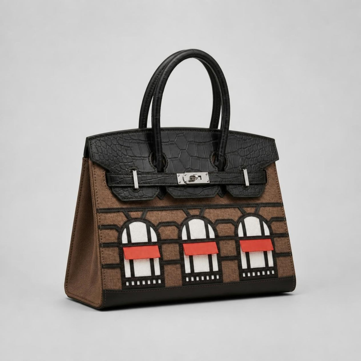 Luxury Brown & Black Structured Window Detail Handbag