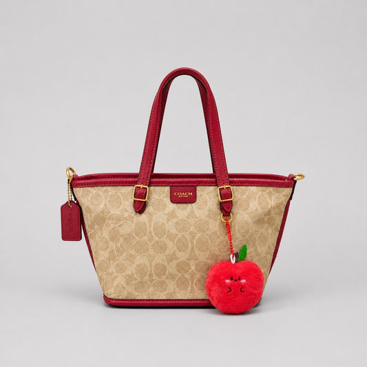 Elegant Beige & Red Signature Print Tote Handbag