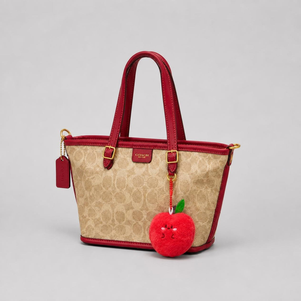Elegant Beige & Red Signature Print Tote Handbag