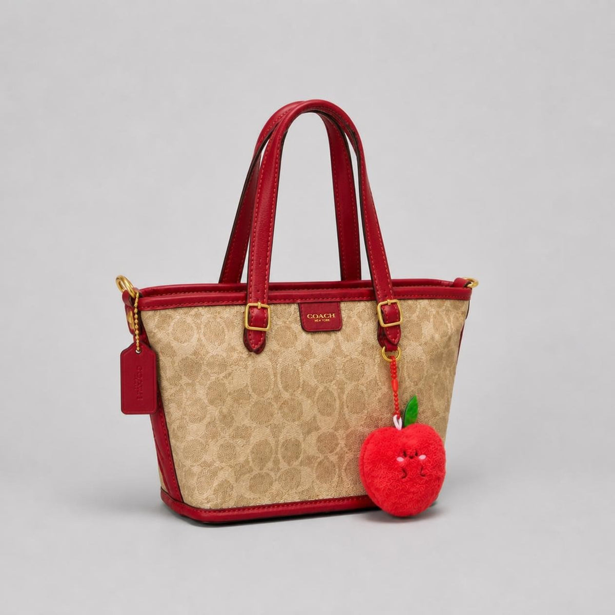 Elegant Beige & Red Signature Print Tote Handbag
