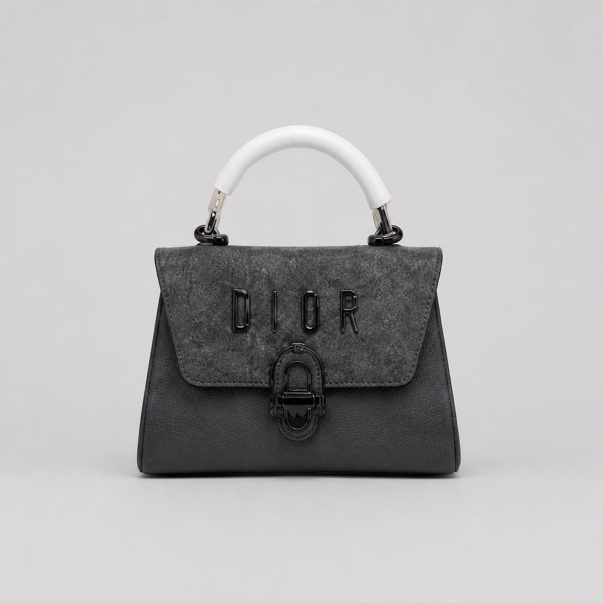 Charcoal Grey Top Handle Flap Bag - White Handle & Gunmetal Hardware