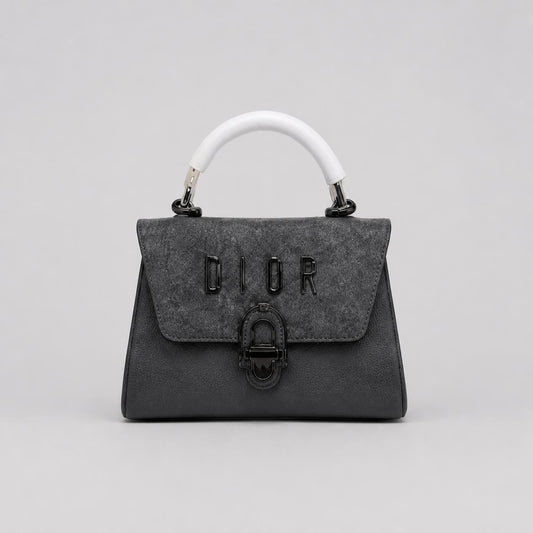 Charcoal Grey Top Handle Flap Bag - White Handle & Gunmetal Hardware