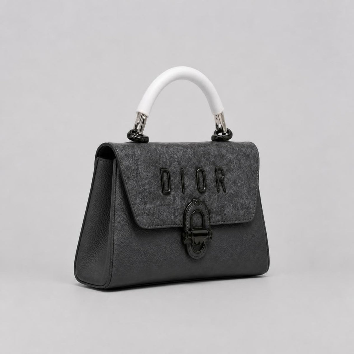 Charcoal Grey Top Handle Flap Bag - White Handle & Gunmetal Hardware