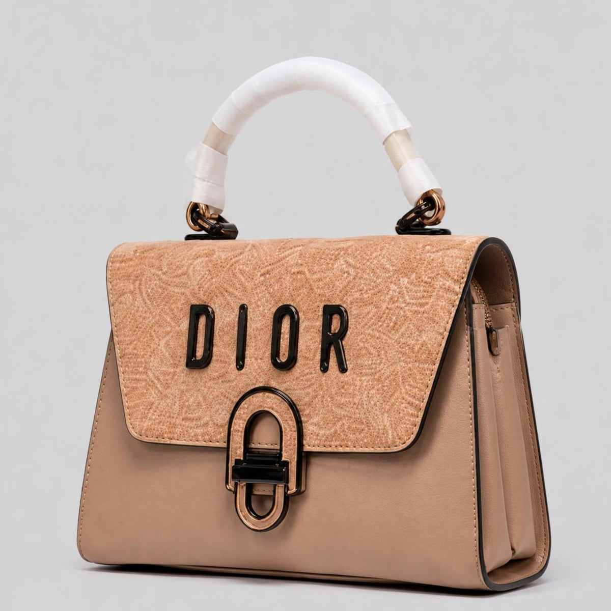 Women's Structured Satchel - Camel Textured Flap with Push-Lock Clasp