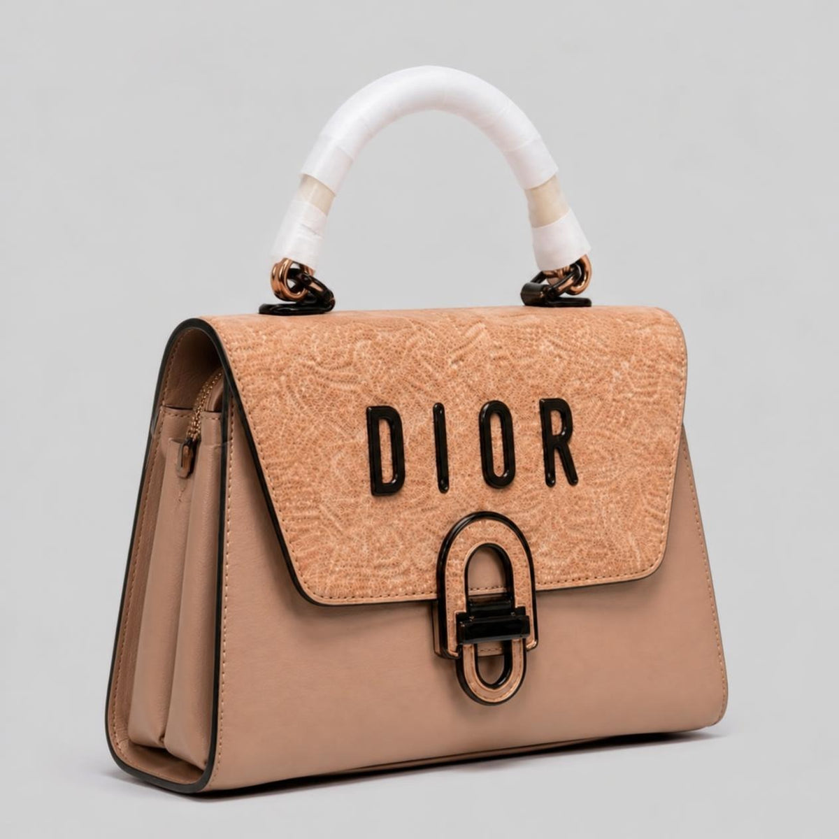 Women's Structured Satchel - Camel Textured Flap with Push-Lock Clasp