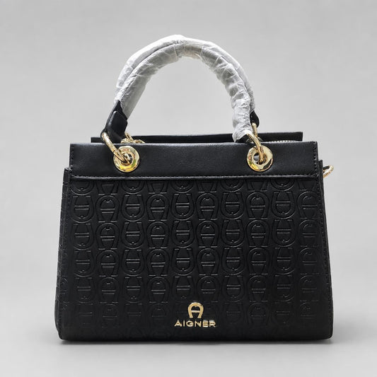 Aigner Black Monogram Embossed Top-Handle Handbag with Gold Hardware