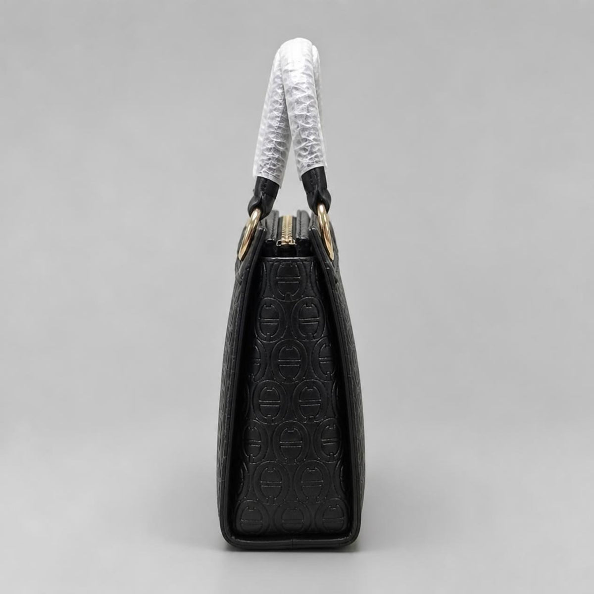 Aigner Black Monogram Embossed Top-Handle Handbag with Gold Hardware