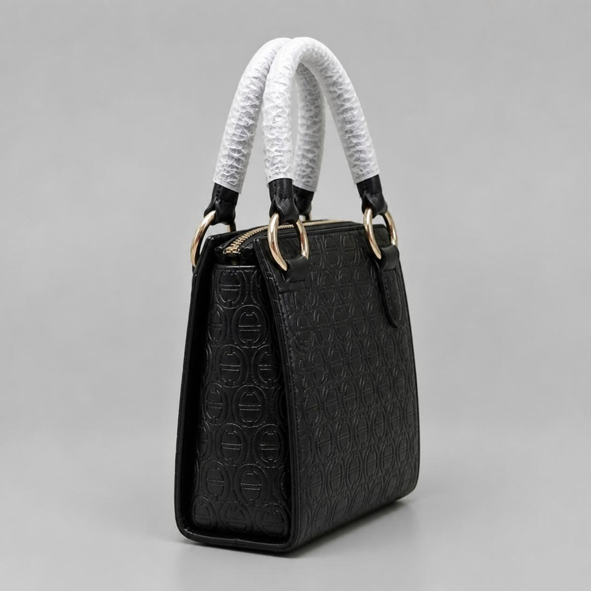 Aigner Black Monogram Embossed Top-Handle Handbag with Gold Hardware