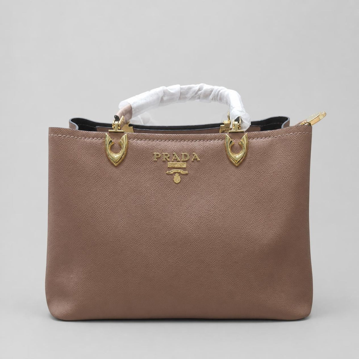 Taupe Textured Top-Handle Tote Bag with Gold Hardware