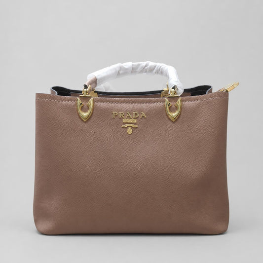 Taupe Textured Top-Handle Tote Bag with Gold Hardware