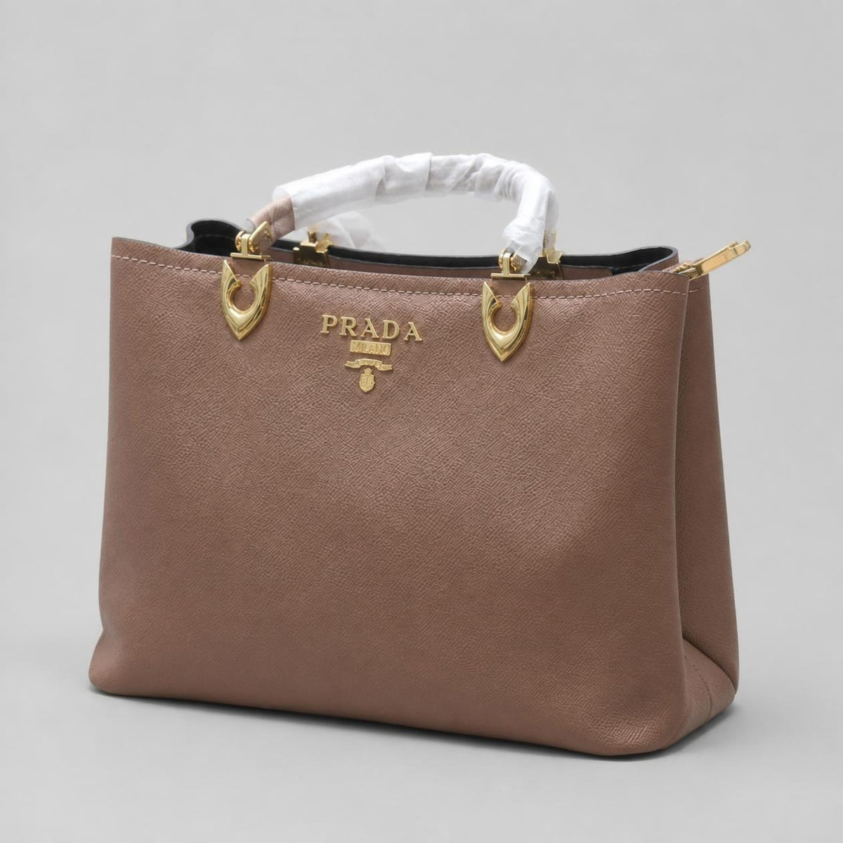 Taupe Textured Top-Handle Tote Bag with Gold Hardware