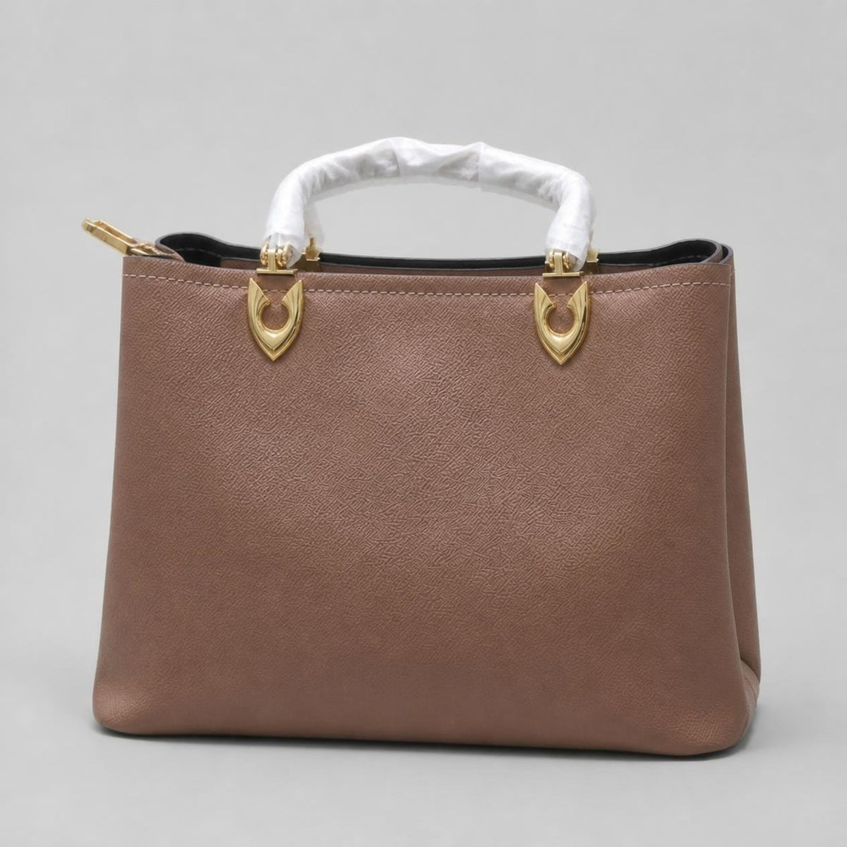 Taupe Textured Top-Handle Tote Bag with Gold Hardware