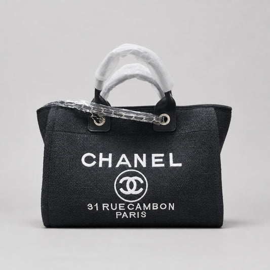 Black Woven Canvas Tote Bag with White Embroidered Lettering and Silver Chain Strap